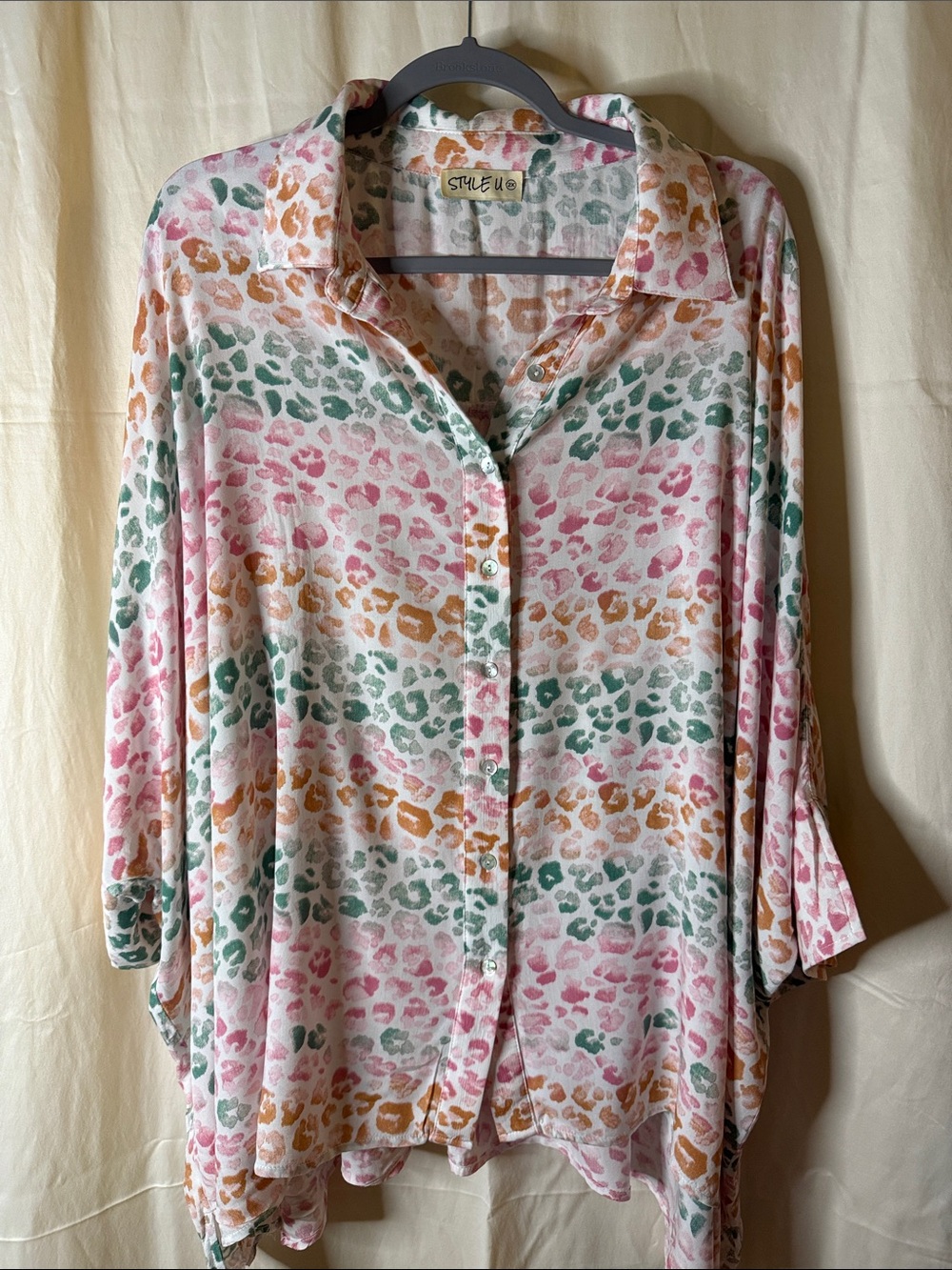 Pastel Leopard-Print Button-Down Shirt in Pink, Green & Tan